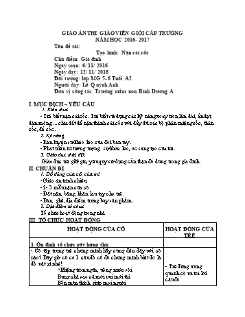 Giáo án Mầm non Lớp Lá - Chủ điểm: Gia đình - Đề tài: Tạo hình Nặn cái cốc - Năm học 2016-2017 - Lê Quỳnh Anh - Trường Mầm non Bình Dương A