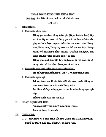 Giáo án Mầm non Lớp Chồi - Hoạt động: Khám phá khoa học - Nội dung: Tìm hiểu về nước và một số tính chất của nước