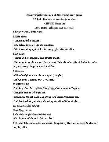 Giáo án Mầm non Lớp Chồi - Hoạt động: Tìm hiểu về môi trường xung quanh - Chủ đề: Động vật - Đề tài: Tìm hiểu và trò chuyện về chim