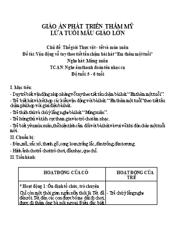 Giáo án Mầm non Lớp Lá - Hoạt động: Phát triển thẩm mĩ - Chủ đề: Thế giới Thực vật. Tết và mùa xuân - Đề tài: Vận động vỗ tay theo tiết tấu chậm bài hát Em thêm một tuổi