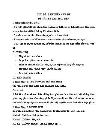 Giáo án Mầm non Lớp Lá - Chủ đề: Bản thân của bé - Đề tài: Bé làm đầu bếp (Bản đẹp)