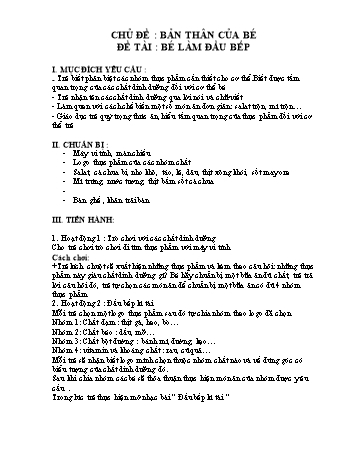 Giáo án Mầm non Lớp Lá - Chủ đề: Bản thân của bé - Đề tài: Bé làm đầu bếp (Bản hay)