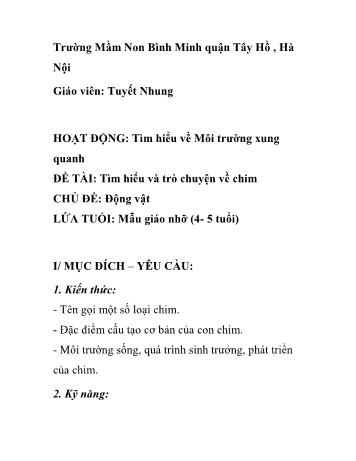 Giáo án Mầm non Lớp Chồi - Chủ đề: Động vật - Đề tài: Tìm hiểu và trò chuyện về chim