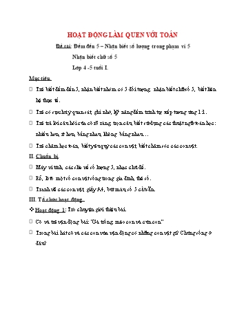 Giáo án Mầm non Lớp Chồi - Hoạt động làm quen với toán - Đề tài: Đếm đến 5. Nhận biết số lượng trong phạm vi 5. Nhận biết chữ số 5