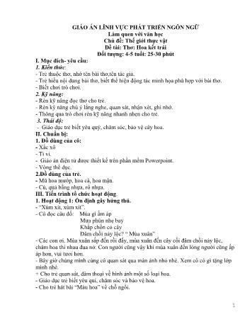 Giáo án Mầm non Lớp Chồi - Lĩnh vực phát triển ngôn ngữ - Chủ đề: Thế giới thực vật - Đề tài: Thơ Hoa kết trái