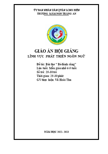 Giáo án Mầm non Lớp Chồi - Lĩnh vực phát triển ngôn ngữ - Đề tài: Bài thơ “Bé đánh răng” - Vũ Hoài Thu