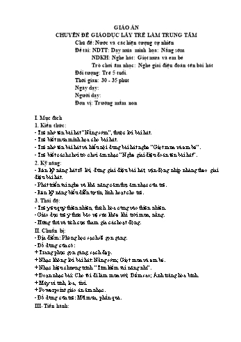 Giáo án Mầm non Lớp Lá - Chủ đề: Nước và các hiện tượng tự nhiên - Đề tài: Dạy múa minh họa Nắng sớm; Nghe hát Giọt mưa và em bé; Trò chơi âm nhạc Nghe giai điệu đoán tên bài hát