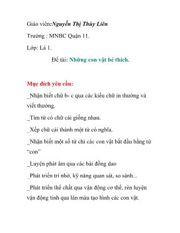 Giáo án Mầm non Lớp Lá - Chủ đề: Rau - Đề tài: Những con vật bé thích - Nguyễn Thị Thùy Liên