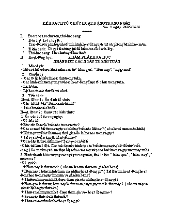 Giáo án Mầm non Lớp Lá - Chủ đề: Trường Mầm non của bé - Chủ đề nhánh 3: Bé và các bạn - Khám phá khoa học: Nhận biết các ngày trong tuần - Năm học 2020-2021
