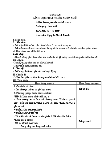 Giáo án Mầm non Lớp Lá - Lĩnh vực phát triển ngôn ngữ - Đề tài: Làm quen nhóm chữ l, m, n - Nguyễn Thị Lệ Thanh
