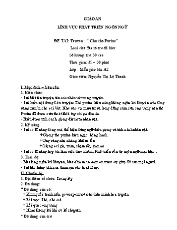 Giáo án Mầm non Lớp Lá - Lĩnh vực phát triển ngôn ngữ - Đề tài: Truyện “Chú thỏ Purine” - Nguyễn Thị Lệ Thanh