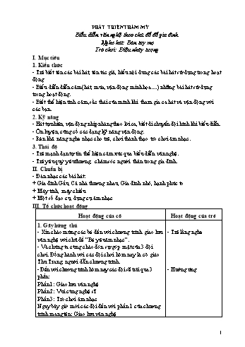 Giáo án Mầm non Lớp Lá - Lĩnh vực phát triển thẩm mỹ - Đề tài: Biểu diễn văn nghệ theo chủ đề gia đình; Nghe hát Bàn tay mẹ; Trò chơi Điệu nhảy tượng - Cao Thị Trang