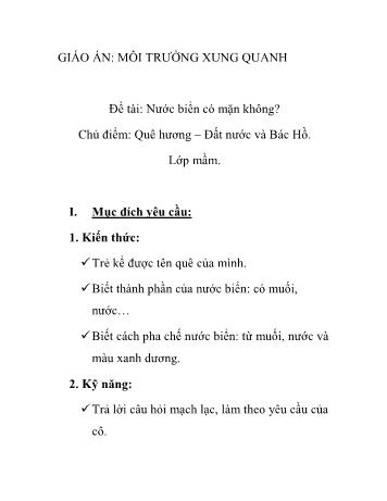 Giáo án Mầm non Lớp Mầm - Chủ điểm: Quê hương–Đất nước và Bác Hồ - Đề tài: Nước biển có mặn không