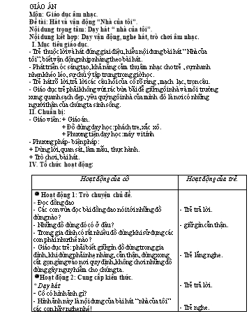 Giáo án Mầm non Lớp Mầm - Đề tài: Hát và vận động “Nhà của tôi”; Dạy hát “Nhà của tôi”; Dạy vận động, nghe hát, trò chơi âm nhạc