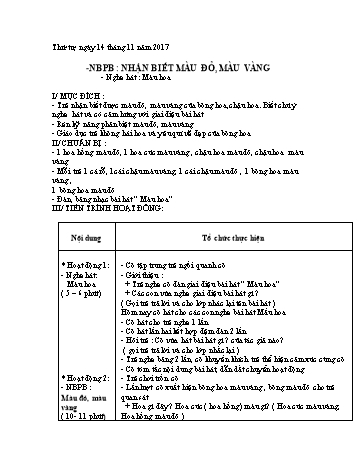 Giáo án Mầm non Lớp Mầm - Đề tài: Nhận biết phân biệt Nhận biết màu đỏ, màu vàng; Nghe hát Màu hoa