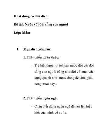 Giáo án Mầm non Lớp Mầm - Đề tài: Nước với đời sống con người