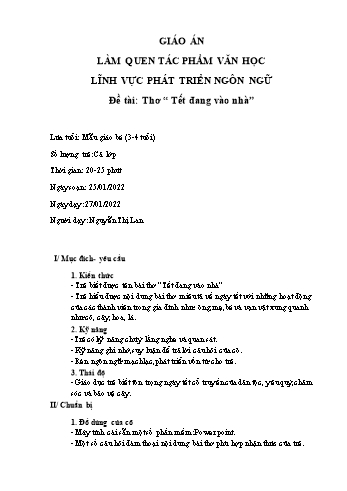 Giáo án Mầm non Lớp Mầm - Lĩnh vực phát triển ngôn ngữ - Đề tài: Thơ “Tết đang vào nhà”