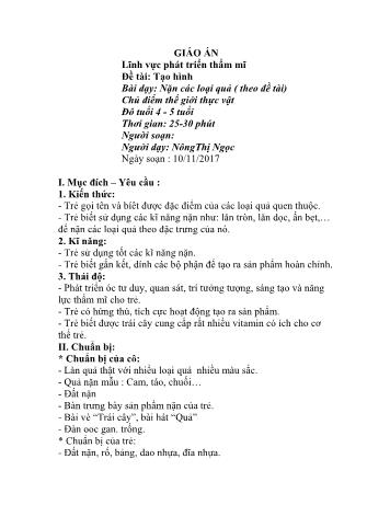 Giáo án Mầm non Lớp Mầm - Lĩnh vực phát triển thẩm mĩ - Chủ điểm: Thế giới thực vật - Đề tài: Tạo hình - Bài dạy: Nặn các loại quả - NôngThị Ngọc