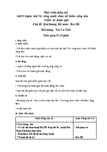 Giáo án Mầm non Lớp Mầm - Lĩnh vực phát triển thẩm mỹ - Chủ đề: Quê hương, đất nước, Bác Hồ - Đề tài: Nghe hát Từ rừng xanh cháu về thăm Lăng Bác, Trò chơi âm nhạc Ai đoán giỏi - Dương Thị Vui