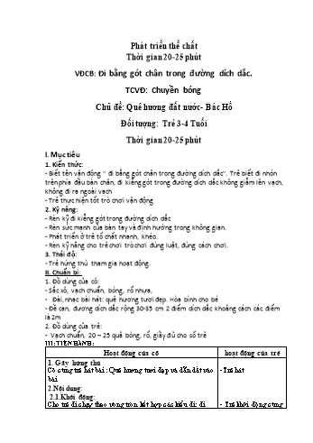 Giáo án Mầm non Lớp Mầm - Lĩnh vực phát triển thể chất - Chủ đề: Quê hương, đất nước, Bác Hồ - Đề tài: Vận động cơ bản Đi bằng gót chân trong đường dích dắc - Dương Thị Vui