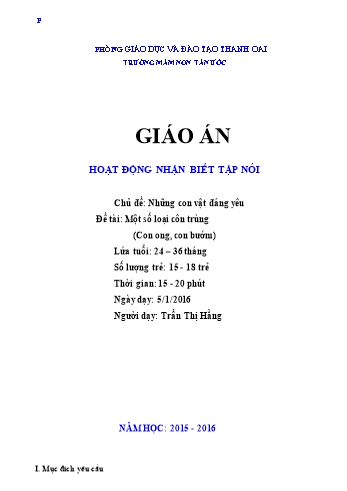 Giáo án Mầm non Lớp Nhà trẻ - Chủ đề: Những con vật đáng yêu - Đề tài: Một số loại côn trùng (Con ong, con bướm) - Trần Thị Hằng