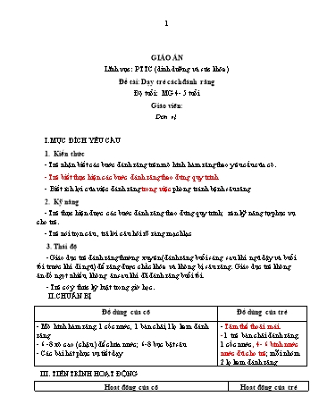 Giáo án Mầm non Lớp Chồi - Lĩnh vực phát triển thể chất - Đề tài: Dạy trẻ cách đánh răng