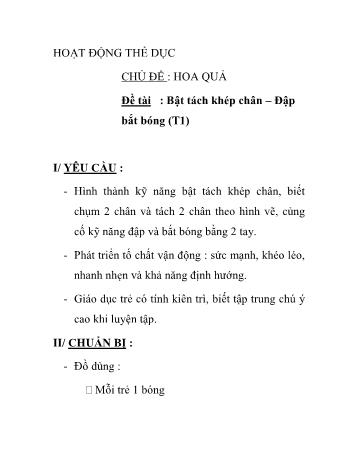 Giáo án Mầm non Lớp Chồi - Chủ đề: Hoa quả - Đề tài: Bật tách khép chân – Đập bắt bóng
