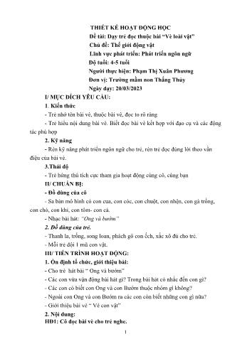 Giáo án Mầm non Lớp Chồi - Lĩnh vực phát triển ngôn ngữ - Chủ đề: Thế giới động vật - Đề tài: Dạy trẻ đọc thuộc bài “Vè loài vật” - Phạm Thị Xuân Phương