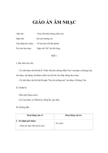 Giáo án Mầm non Lớp Lá - Đề tài: Dạy hát Cháu vẫn nhớ trường mầm non; Nghe hát Em yêu trường em; Vận động theo nhạc Vỗ tay theo tiết tấu nhanh.; Trò chơi âm nhạc Nghe nốt đô thỏ đổi lòng