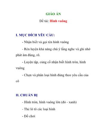 Giáo án Mầm non Lớp Mầm - Đề tài: Hình vuông