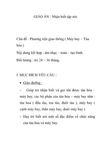 Giáo án Mầm non Lớp Nhà trẻ - Chủ đề: Phương tiện giao thông (Máy bay – Tàu hỏa) - Nguyễn Thị Hồng Nga