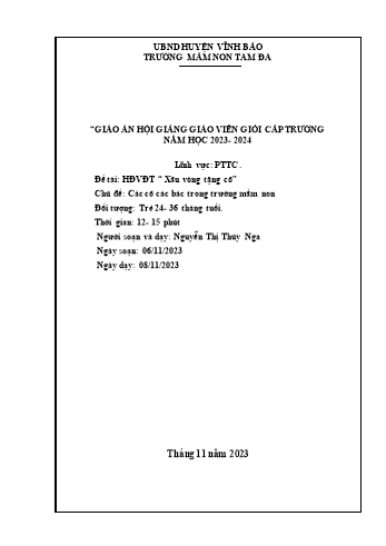 Giáo án Mầm non Lớp Nhà trẻ - Lĩnh vực phát triển thể chất - Chủ đề: Các cô các bác trong trường mầm non - Đề tài: Hoạt động “Xâu vòng tặng cô” - Nguyễn Thị Thúy Nga