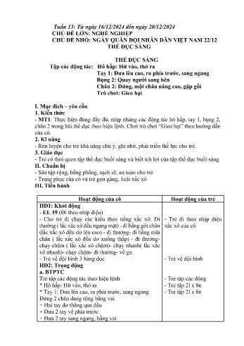 Giáo án Mầm non Lớp Chồi - Tuần 13 - Chủ đề: Ngày quân đội nhân dân Việt Nam 22/12 - Năm học 2024-2025 - Trường Mầm non số 1 Thượng Hà