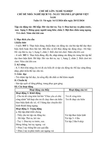 Giáo án Mầm non Lớp Chồi - Tuần 13 - Chủ đề: Nghề dịch vụ - Ngày thành lập QĐND Việt Nam - Năm học 2024-2025 - Trường Mầm non số 1 Thượng Hà