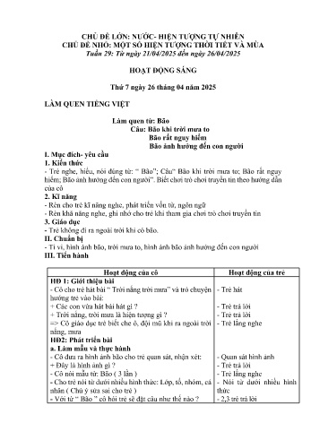 Giáo án Mầm non lớp Chồi - Tuần 29: Một số hiện tượng thời tiết và mùa - Năm học 2024-2025 - Trường Mầm non số 1 Thượng Hà