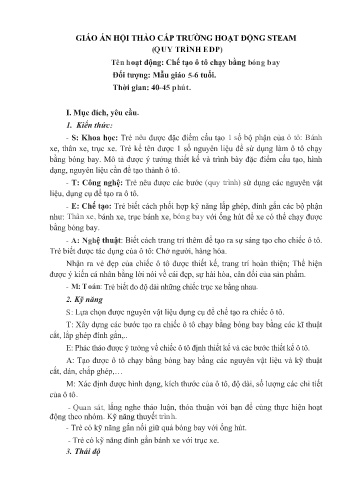 Giáo án Mầm non Lớp Lá - Đề tài: Chế tạo ô tô chạy bằng bóng tay - Trường Mầm non số 1 Kim Sơn