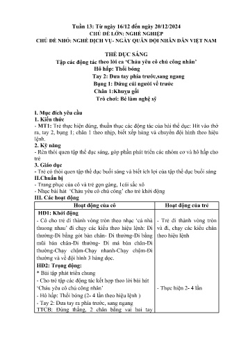 Giáo án Mầm non Lớp Lá - Tuần 13 - Chủ đề: Nghề dịch vụ - Ngày hội quân đội nhân dân Việt Nam - Năm học 2024-2025 - Trường Mầm non số 1 Thượng Hà