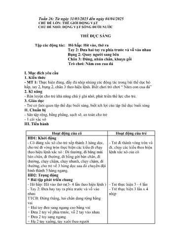 Giáo án Mầm non Lớp Lá - Tuần 26 - Chủ đề: Động vật sống dưới nước - Năm học 2024-2025 - Trường Mầm non số 1 Thượng Hà
