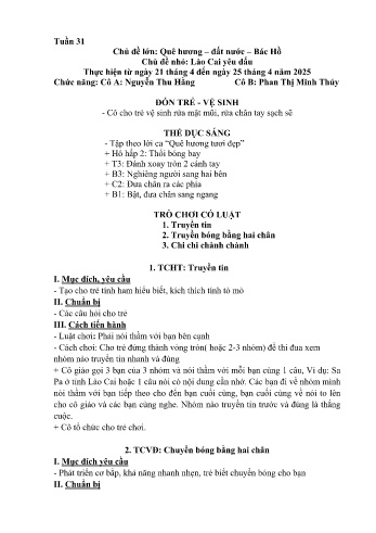 Giáo án Mầm non Lớp Lá - Tuần 31 - Chủ đề: Lào Cai yêu dấu - Năm học 2024-2025 - Nguyễn Thu Hằng