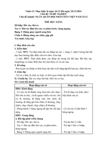 Giáo án Mầm non Lớp Mầm - Tuần 14 - Chủ đề: Ngày quân đội nhân dân Việt Nam 22/12 - Năm học 2024-2025 - Trường Mầm non số 1 Thượng Hà