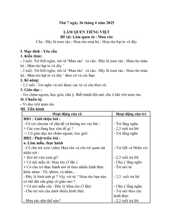 Giáo án Mầm non Lớp Mầm - Tuần 14 - Đề tài: Làm qen từ Mưa rào - Năm học 2024-2025 - Trường Mầm non số 1 Thượng Hà