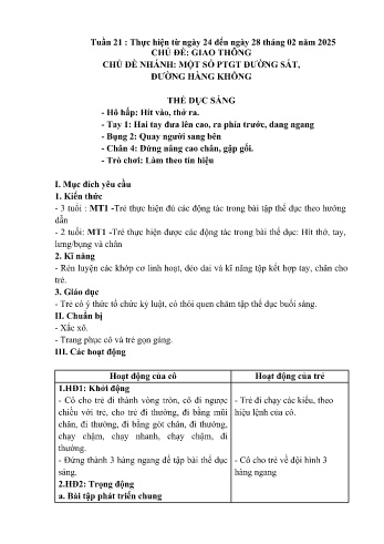 Giáo án Mầm non Lớp Mầm - Tuần 21 - Chủ đề: Một số PTGT đường sắt, đường hàng không - Năm học 2024-2025 - Trường Mầm non số 1 Thượng Hà