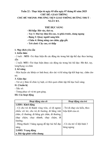 Giáo án Mầm non Lớp Mầm - Tuần 22 - Chủ đề: Phương tiện giao thông đường thủy, ngày 8/3 - Năm học 2024-2025 - Trường Mầm non số 1 Thượng Hà