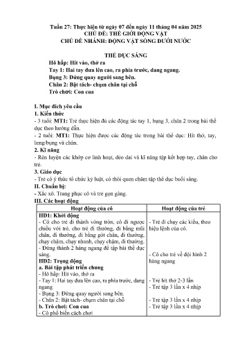 Giáo án Mầm non Lớp Mầm - Tuần 27 - Chủ đề: Động vật sống dưới nước - Năm học 2024-2025 - Trường Mầm non số 1 Thượng Hà