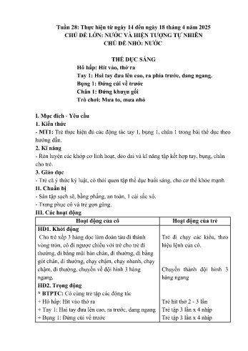 Giáo án Mầm non Lớp Mầm - Tuần 28 - Chủ đề: Nước và hiện tượng tự nhiên - Năm học 2024-2025 - Trường Mầm non số 1 Thượng Hà