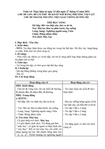 Giáo án Mầm non Lớp Nhà trẻ - Tuần 14 - Chủ đề: Phương tiện giao thông đường bộ - Năm học 2024-2025 - Trường Mầm non số 1 Thượng Hà