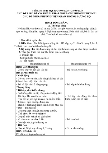 Giáo án Mầm non Lớp Nhà trẻ - Tuần 27 - Chủ đề: Phương tiện giao thông đường bộ - Năm học 2024-2025 - Trường Mầm non Bản Qua