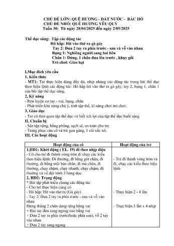 Kế hoạch bài dạy Mầm non Lớp Chồi - Tuần 30 - Chủ đề: Quê hương yêu quý - Năm học 2024-2025 - Trường Mầm non số 1 Thượng Hà