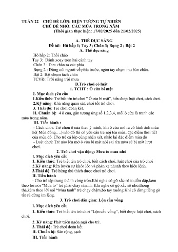 Kế hoạch bài dạy Mầm non Lớp Lá - Tuần 22 - Chủ đề: Các mùa trong năm - Năm học 2024-2025 - Trường Mầm non Bản Qua