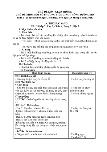 Kế hoạch bài dạy Mầm non Lớp Lá - Tuần 27 - Chủ đề: Một số phương tiện giao thông đường bộ - Năm học 2024-2025 - Trường Mầm non Bản Qua